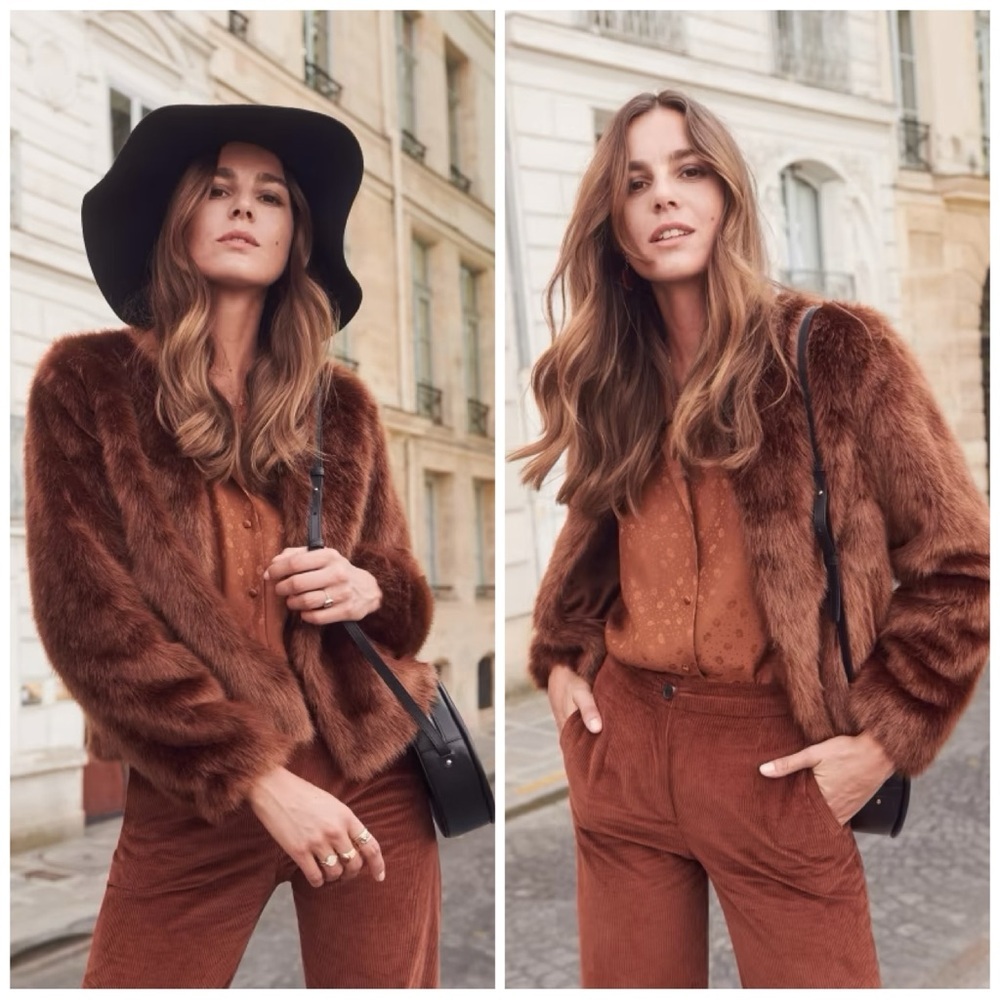 Sezane Lio Coat Rust Faux Fur Jacket Modacrylic Parisian Chic Size 6​